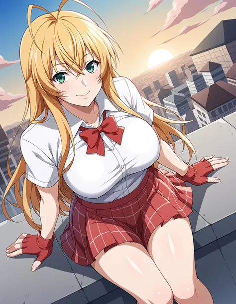 anime girl in a short skirt and white shirt sitting on a ledge