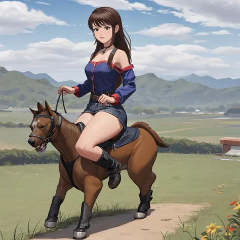 anime girl riding a horse in a field with mountains in the background