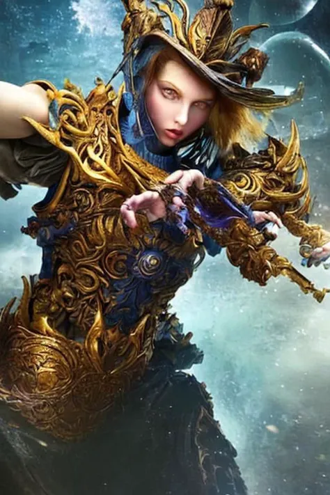 a woman in a golden armor holding a sword in front of a blue sky