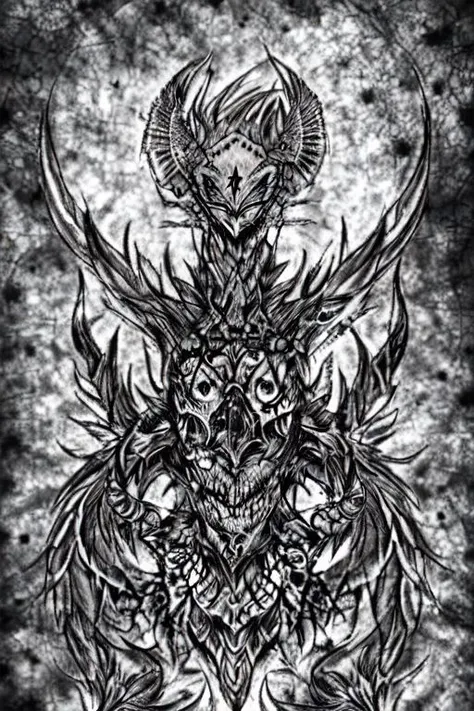 a drawing of a horned skull with horns and a demon's head