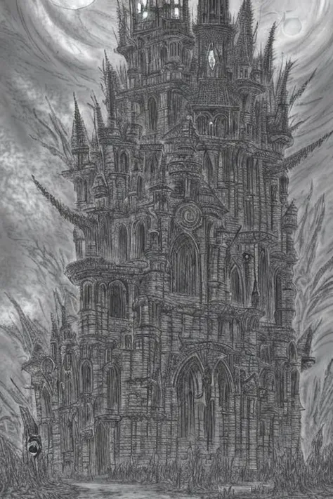 a drawing of a castle with a clock tower in the middle of it