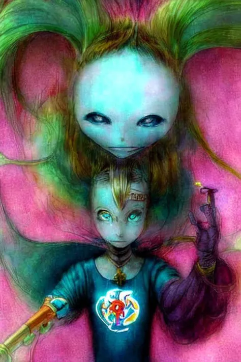 painting of a girl with a goat head and a girl with a knife