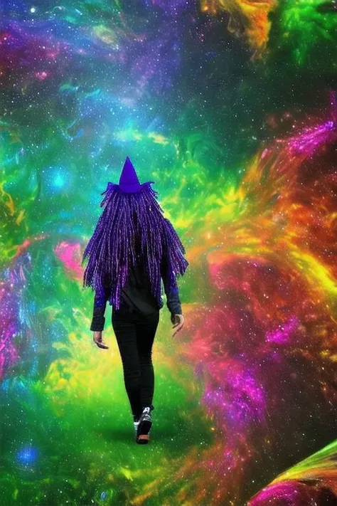 arafed image of a person walking through a galaxy with a purple hat