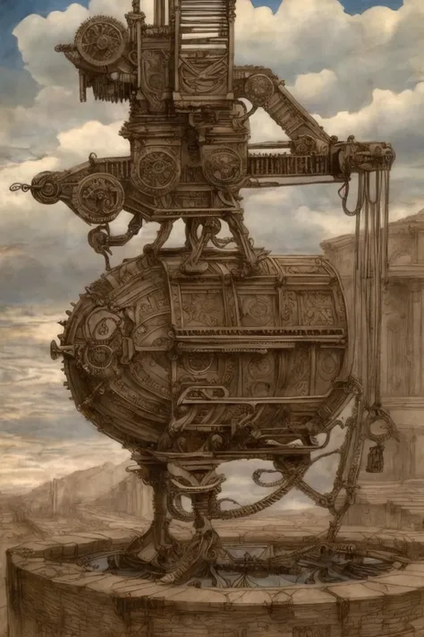 a painting of a mechanical machine on a pedestal in a desert