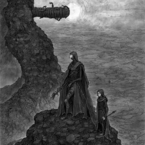 a black and white drawing of a man and a child on a rock