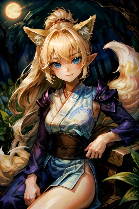 ((best quality)), ((masterpiece)), OdinSphereStyle, highres, absurdres, 1girl, (solo), (oriental outfit, ninja outfit:1.4), fox girl, (two fox ears), (fox tail:1.2), (kunoichi), (nice hands, detailed hands), blonde hair, long hair, (ponytail), parted bangs...