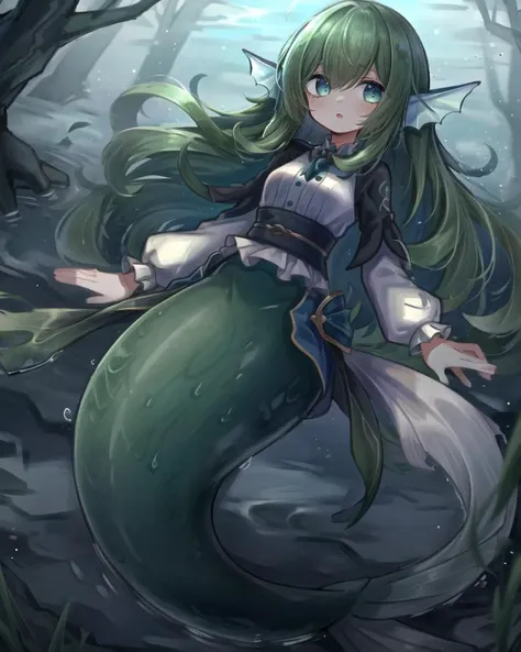 a girl with long hair and a green tail is sitting on a rock