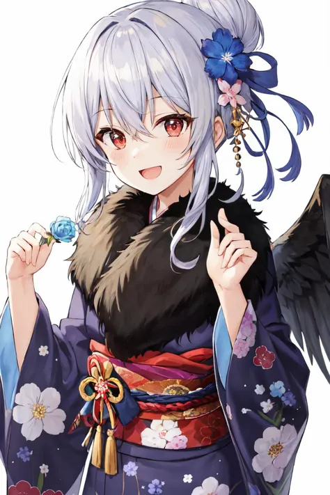 haruna ba, 1girl, hair bun, floral print, wide sleeves, solo, kimono, red eyes, blue flower, looking at viewer, black wings, blue kimono, hair between eyes, simple background, white hair,  smile, open mouth, print kimono, single wing, white background, jap...