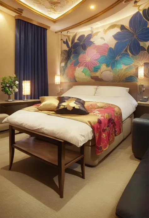 there is a bed with a floral headboard and a table with a lamp