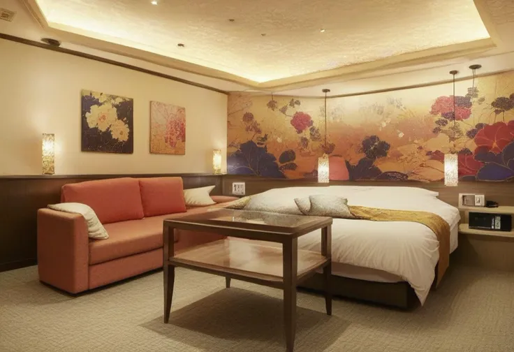 there is a bed and a couch in a room with a large painting on the wall