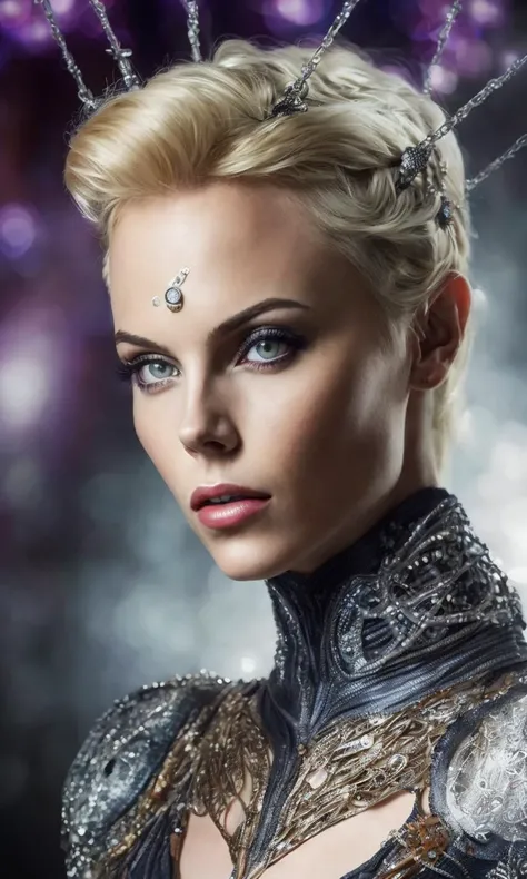 . .photo realistic, ultra details, natural light Biomechanical charlize theron hacker - shaman of the sisterhood of cables wearing cable - dress made of cables with biomechanical filigree, super haute couture highly detailed eye, highly detailed lips, high...