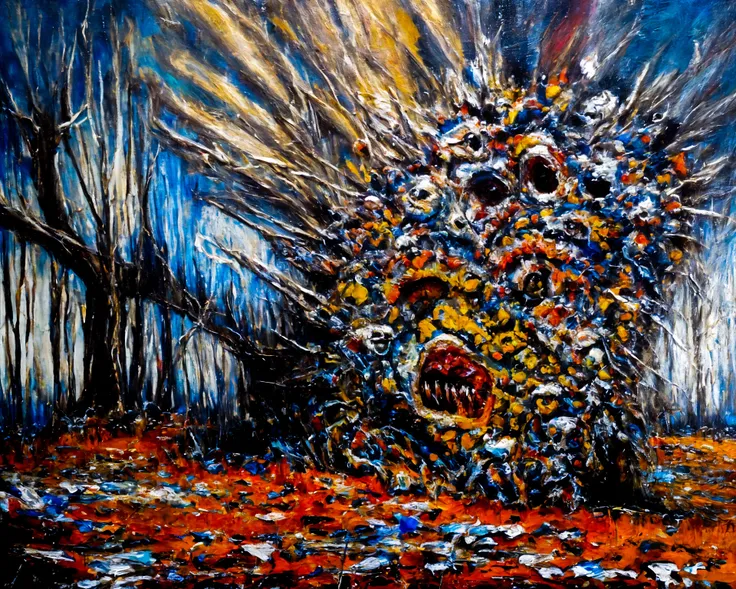 giant disgusting monster, amorphous shapes, chaotic forms, unsettling textures, whispers from the void, haunting emanations, shadowy depths, incomprehensible horror, eerie, otherworldly, grotesque amalgamations,
surreal, nightmarish,
impasto, glazing, scum...