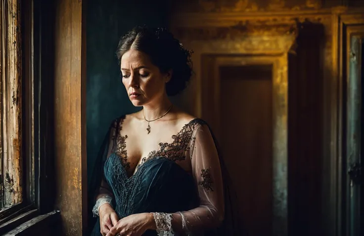 Style-Widow_SD2, portrait (photo:1.2) of a (beautiful woman:1.3) with face hidden by veil, standing in an abandoned Victorian house, large breasts, erotic, cleavage, high heels. (dark:1.4) moody and melancholic atmosphere with black background, (deep shado...