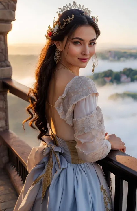 photo realistic, ultra details, natural light ultra detailed portrait of a beautiful woman, Style_Princess_SD2, on a castle balcony, medieval town in background, volumetric fog, Hyperrealism, breathtaking, ultra realistic, ultra detailed, cinematic lightin...