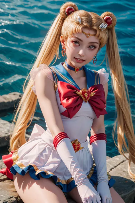 best quality, ultra-detailed, (1girl, solo, <lyco:supersailormoon-v1:1>, supersailormoon, double bun, twintails,  circlet, jewelry, earrings, choker, red bow, white gloves, elbow gloves, miniskirt,, sitting, clenched teeth,),, under the sea,