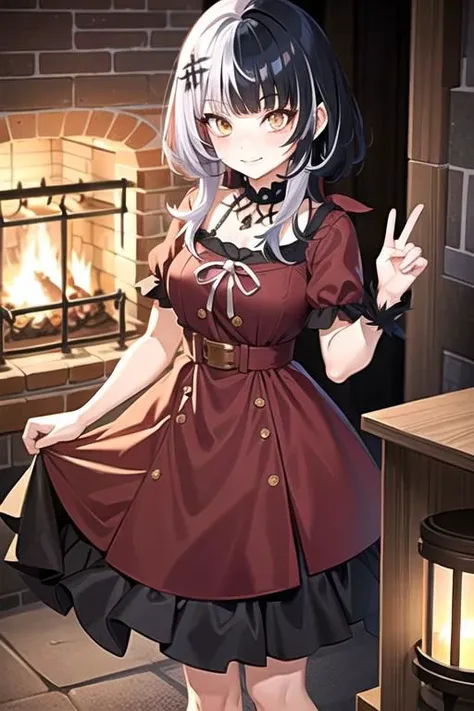 anime girl in a red dress standing in front of a fireplace