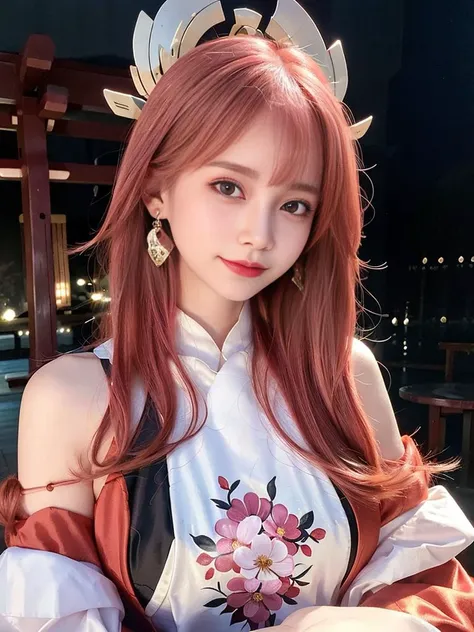 <lora:yaeMikoRealistic_yaemikoMixed:0.7>  yae miko, detached sleeves, bare shoulders, pink hair, long hair, japanese clothes, best quality, (painting:1.5), (hair ornament:1.35), jewelry, purple eyes, earrings, breasts, torii, cherry blossoms, lantern light...