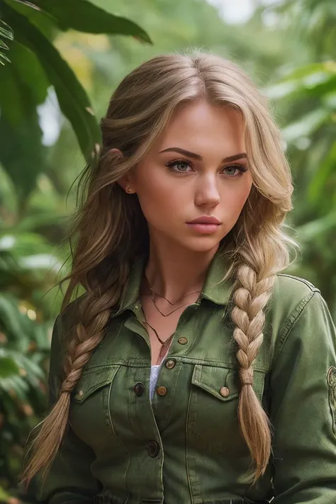 headshot of S191_NataliaWasiluk,a stylish woman,in a (jungle:1.1),wearing a (green denim jacket:1.1),(braid:1.1),(8k, RAW photo, best quality, depth of field, ultra high res:1.2),(absurdres, intricate, photorealistic, masterpiece, ultra-detailed:1.3),