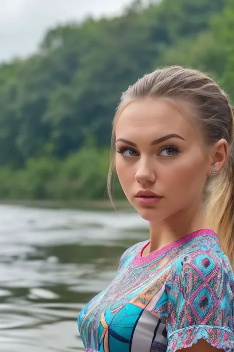 photo of S191_NataliaWasiluk,a beautiful woman,in a (river|rapids),wearing a (patterned t-shirt:1.1),(ponytail:1.1),(8k, RAW photo, best quality, depth of field, ultra high res:1.2),(absurdres, intricate, photorealistic, masterpiece, ultra-detailed:1.3),