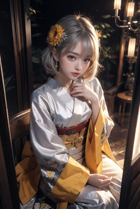 (masterpiece:1.2), best quality,PIXIV, 
formal attire, hazel eyes, (silver hair), furisode, layered sleeves, chrysanthemum hair ornament, side bangs, seated, pursed lips,yellow furisode, chrysanthemum motif,
chrysanthemum,mirror reflection, 
from above,
<l...