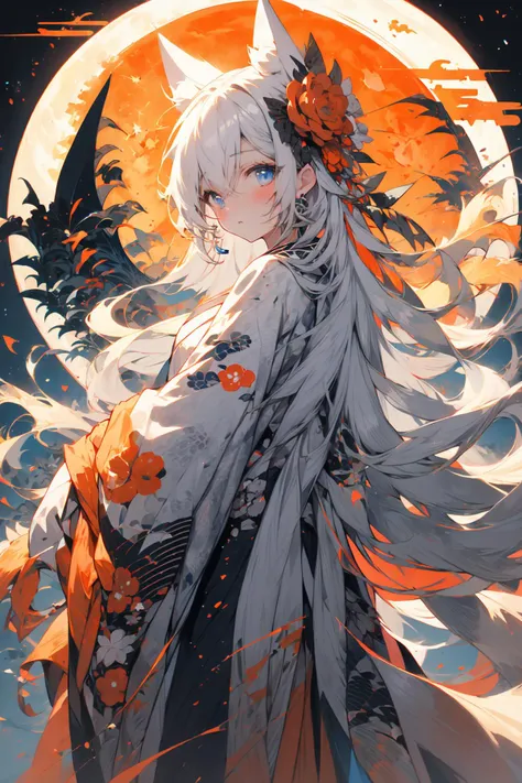 (masterpiece:1.2), best quality,PIXIV,  As the moon,
1girl, solo, long hair, moon, looking at viewer, full moon, japanese clothes, blue eyes, white hair, kimono, wide sleeves, long sleeves, animal ears, floral print, egasumi, hair ornament, bangs, hair bet...