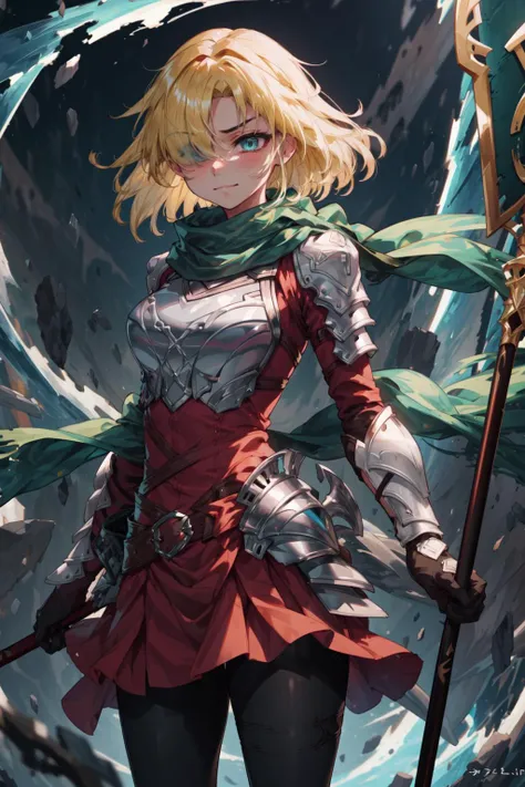 masterpiece,best quality,1girl,future princess,blonde hair,armor,hair band,breastplate,shoulder armor,light smile,bangs,green scarf,armored boots,hair over one eye,blue eyes,gloves,pantyhose,frown,((serious)),standing,holding,shield,polearm,scythe,staff,we...