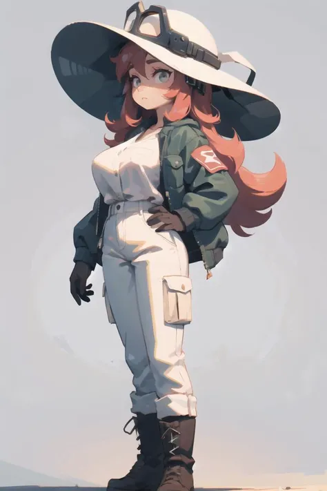 looking away, milf,  very long hair,             lovely giant breasts,  explorer helmet, short jacket, white shirt, short cargopants, boots, (grey background),    <lora:aki:0.45>, <lora:3DMM_V10:0.45>, 3DMM