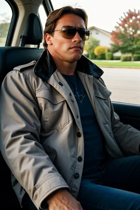 <lora:terminator trm:1>, realistic photo of trm, a man, normal hair, punk coat, cargo pants, sunglasses, driving a car, (masterpiece:1.0), (best quality:1.0), (intricate details), flash photography