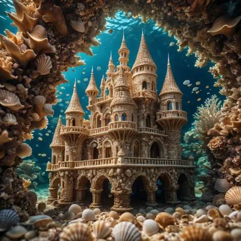 a ais-shells castle made of ais-shells,underwater,sharp focus,highly detailed,realistic,lifelike,studio photo,highly detailed,dynamic,cinematic,masterpiece,intricate,hdr,abstract fractal,