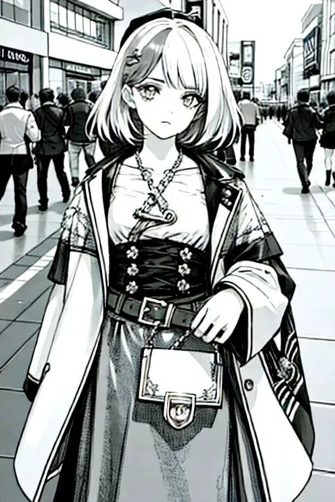 anime girl in a black and white outfit standing on a sidewalk