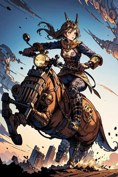 (masterpiece),(best quality:1.6), (ultra-detailed),girl riding creature, guro creature,detailed background, dynamic action,steampunk,