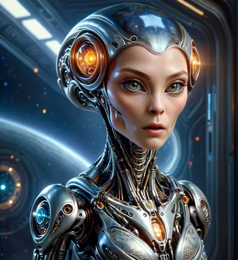 a close up of a woman in a futuristic suit with a sci - fiore