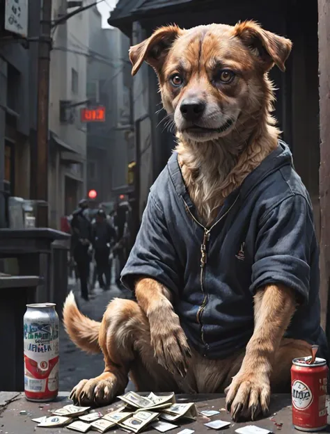 arafed dog sitting on a table with a can of beer and money