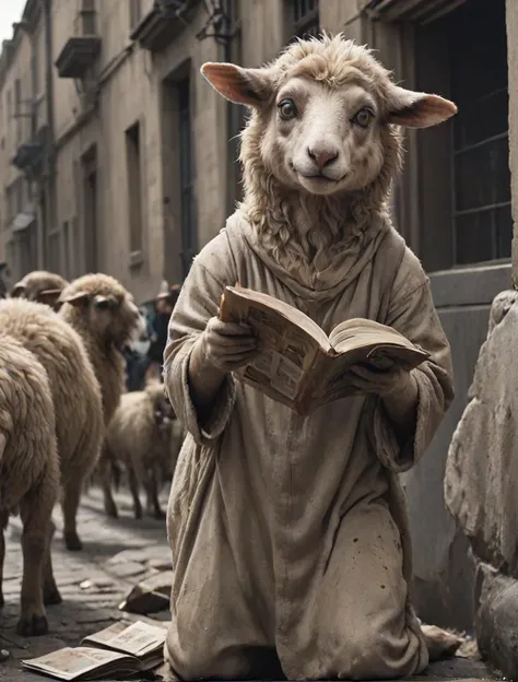 rendition, why is a sheep disguised as a derpy zealot trying hand me pamphlets about Jesus?, suspicious, cinematic, deep shadows, concept art, digital art, perfect composition, detailed, high resolution, low saturation, lowkey, Low Contrast, feral, <lora:-...