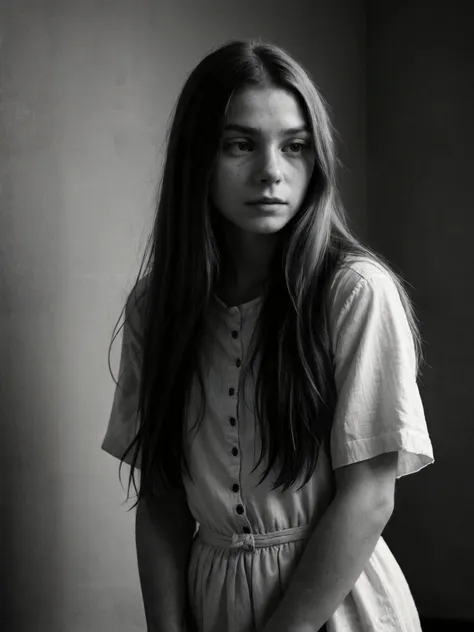 a black and white photo of a woman with long hair