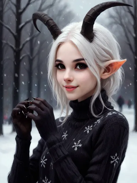 a woman with horns and a black sweater posing for a picture