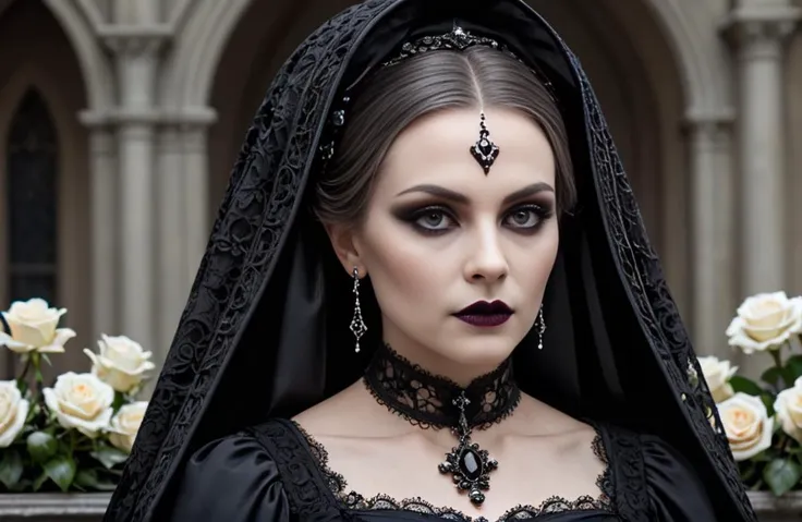 a close up of a woman wearing a black dress and a veil