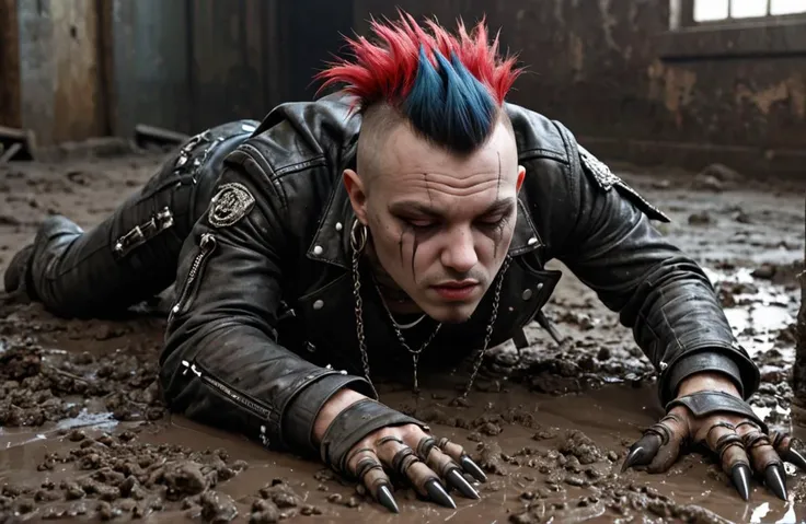 arafed man with punk hair and spiked spikes crawling in mud