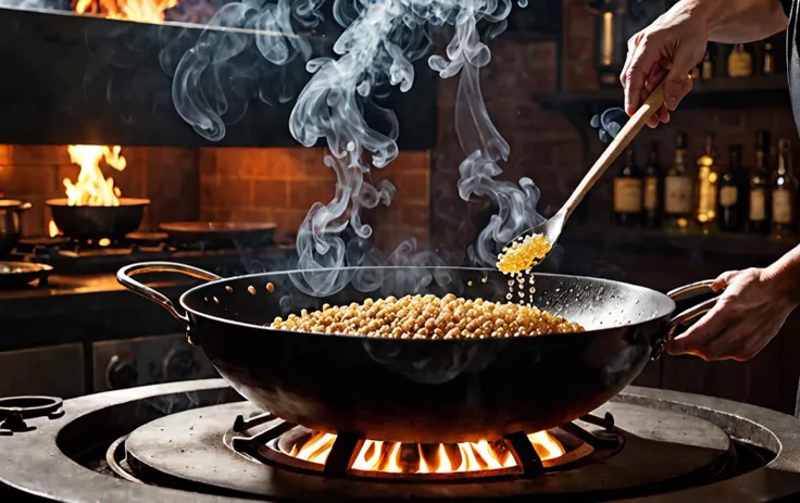 cinematic photo portrait, reality
magician brewing poiton in wok
burning oil sparkles, steamy kitchen . 35mm photograph, film, bokeh, professional, 4k, highly detailed