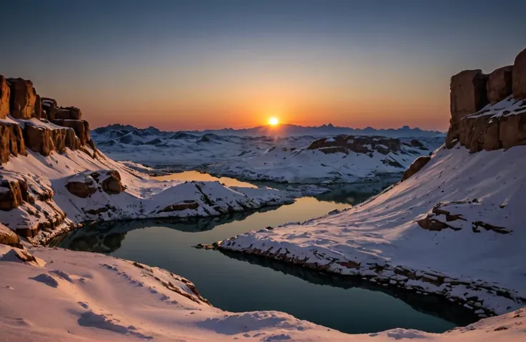 arafed view of a lake in a snowy mountain valley