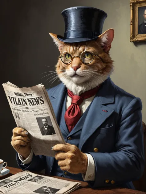 arafed cat in a top hat and glasses reading a newspaper