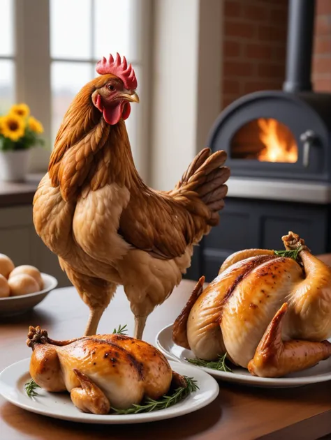 a close up of a chicken on a table with a plate of food