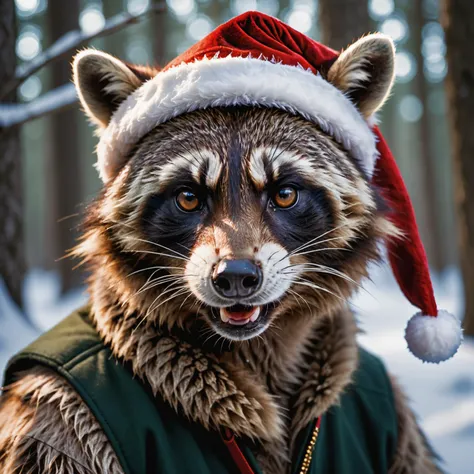 there is a raccoon wearing a santa hat in the snow