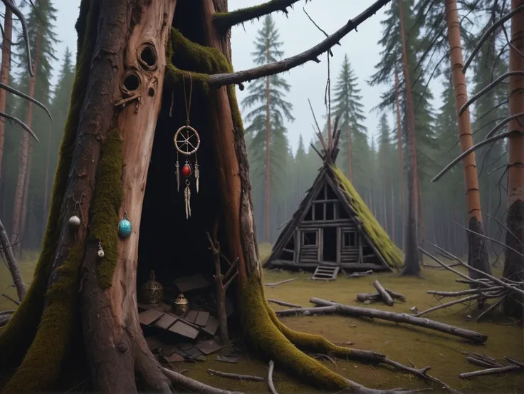 there is a small house in the middle of a forest