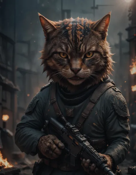 a cat in a military outfit holding a rifle in front of a fire