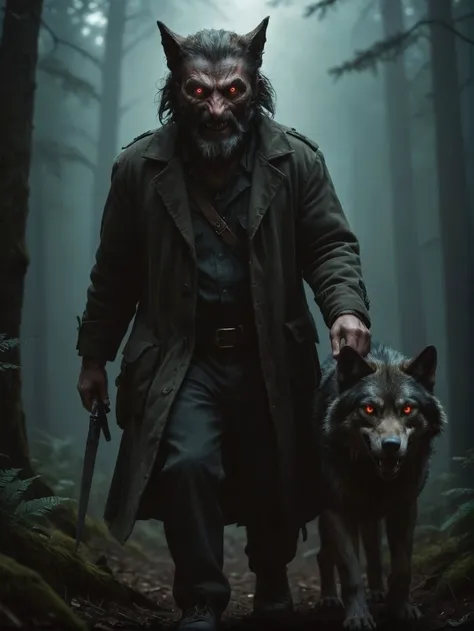 a man in a coat walking with a wolf in the woods