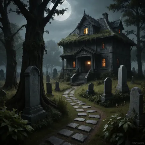 a creepy house in the woods with a graveyard and gravestones