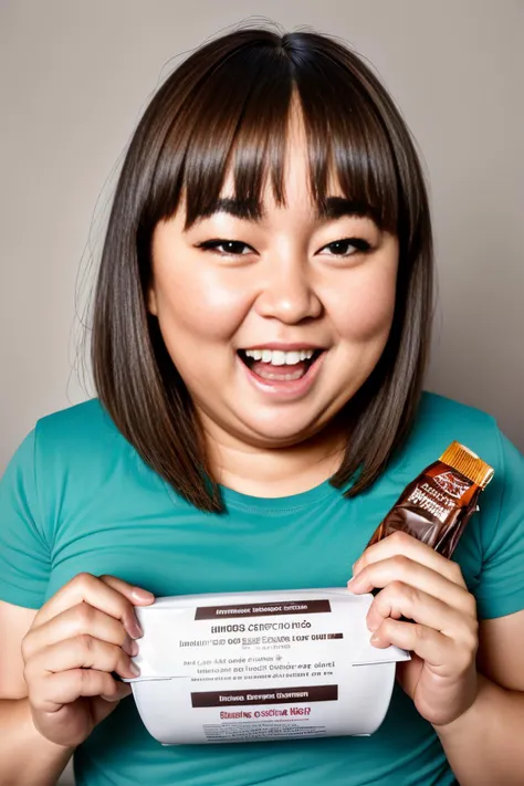 (Realisitc:1.5) gluttony, fat, brown eyes, forehead, bangs, chocolate, thick eyebrows, chocolate bar, chocolate bar, snack, green shirt, upper body, <lora:EdobGluttony_v1.0:0.8>