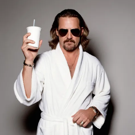 polaroid photo man a time-traveling Dude As Jeffrey "The Dude" Lebowski from The Big Lebowski, getting embroiled in a convoluted kidnap scheme, going with the flow with his unique laid-back approach., Bathrobe, sunglasses, and a White Russian in hand, illu...