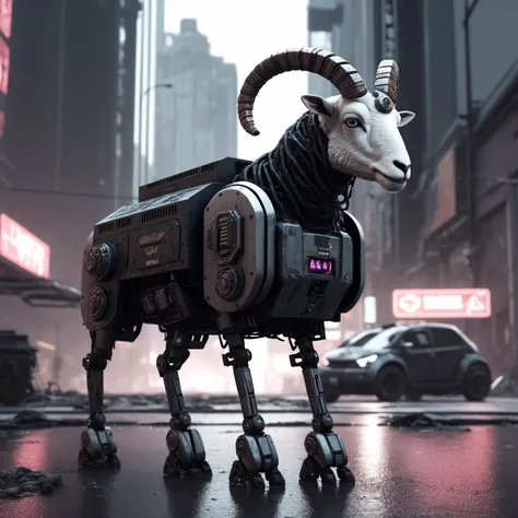 Dystopian style ram sheep robot in a cyberpunk city, intricate, sinister, futuristic, ultra realistic, hyper detailed, cinematic, digital art, artstation, trending, . Bleak, post-apocalyptic, somber, dramatic, highly detailed